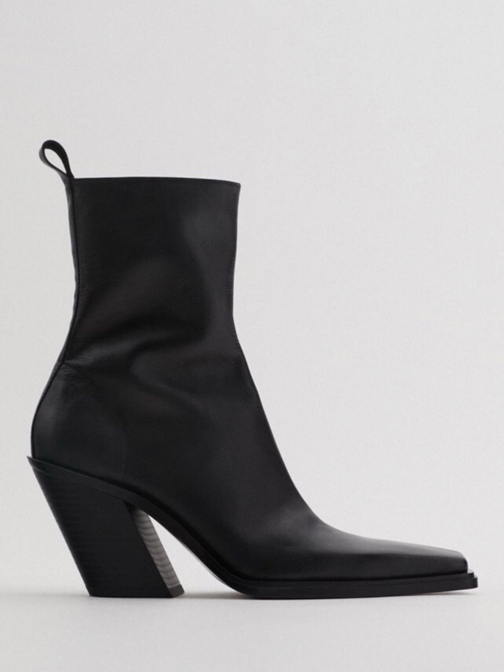 Zara Modern Western Heeled Leather Cowboy Boots in Black Size 6.5